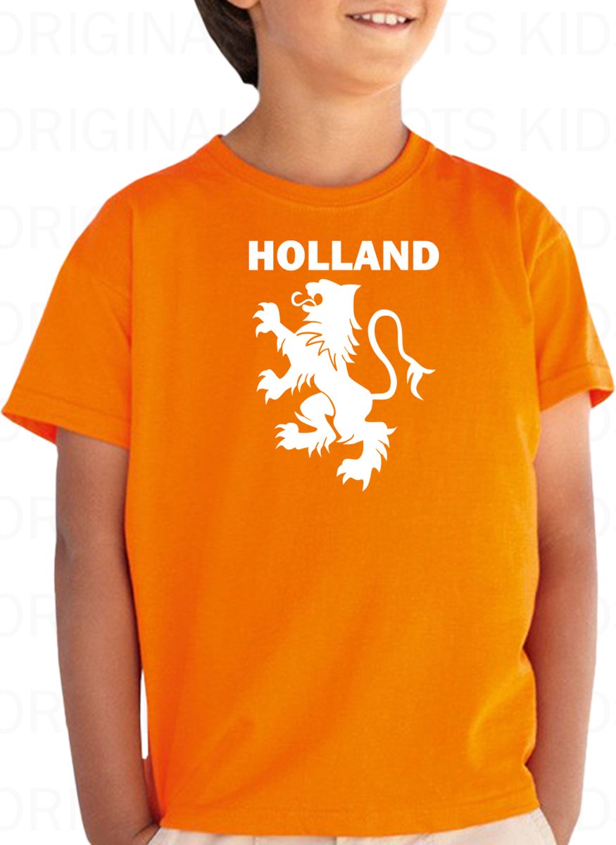 HOLLAND uniseks kids T-shirt - Oranje met wit - Maat 104 - Korte mouwen - Ronde hals - Regular Fit | Normale pasvorm - Voor zowel jongens als meisjes - EK | WK - Nederlands Elftal - KNVB - Original Kwoots